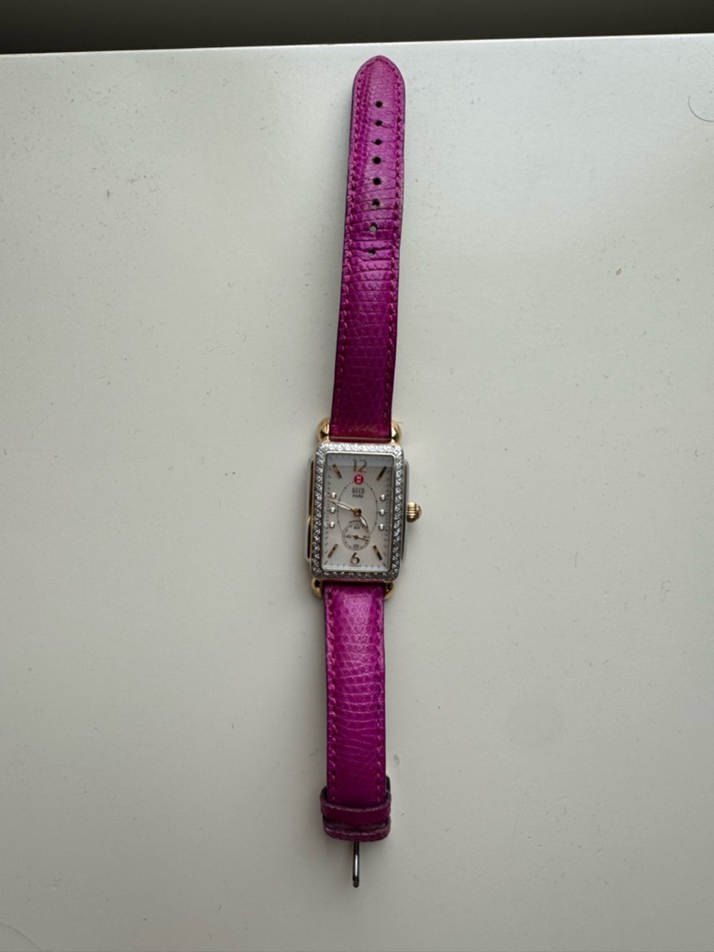 Michele Watch with Fuchsia Leather Strap Diamonds around face (16m strap)